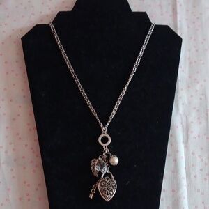 Brighton  Long Silver Tone Double Chain Drop Charm Pendant Necklace